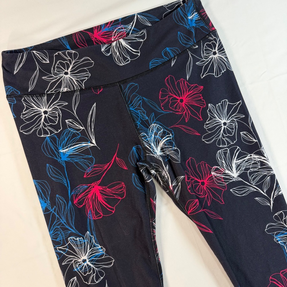 Fabletics Womens Floral Print High Waisted Leggings Black Pink Blue Yoga Large